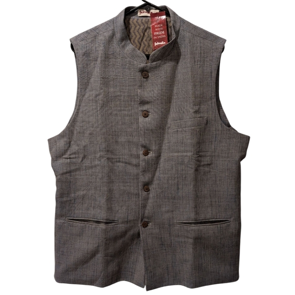 Fabindia Mens 44 L Cotton Woven Nehru Jacket Vest Blue/Grey Mandarin Collar NWT - Picture 1 of 9